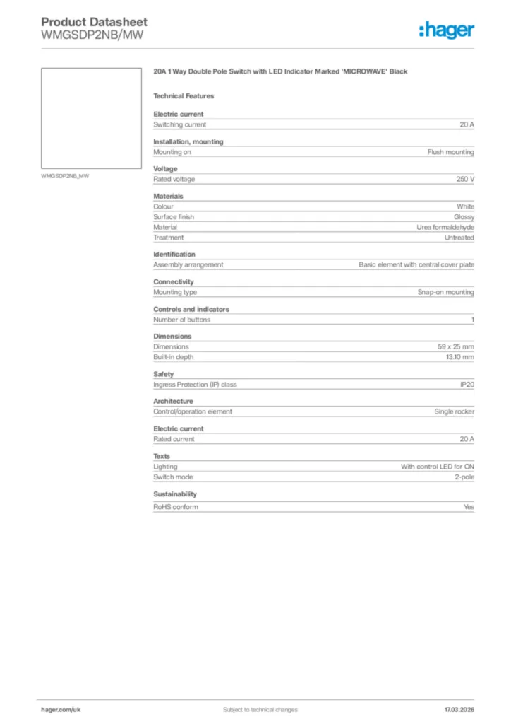 Image Hager Product data sheet WMGSDP2NB/MW  | Hager
