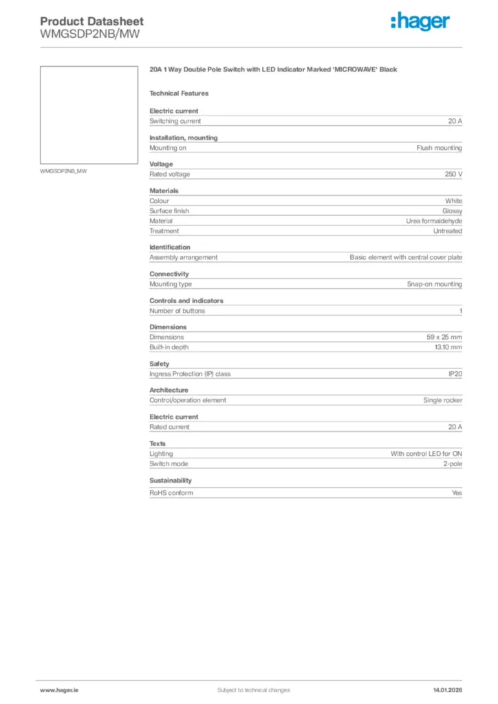 Image Hager Product data sheet WMGSDP2NB/MW  | Hager