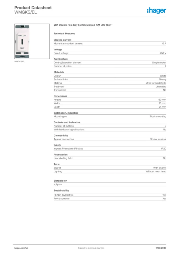 Image Hager Product data sheet WMGKS/EL  | Hager