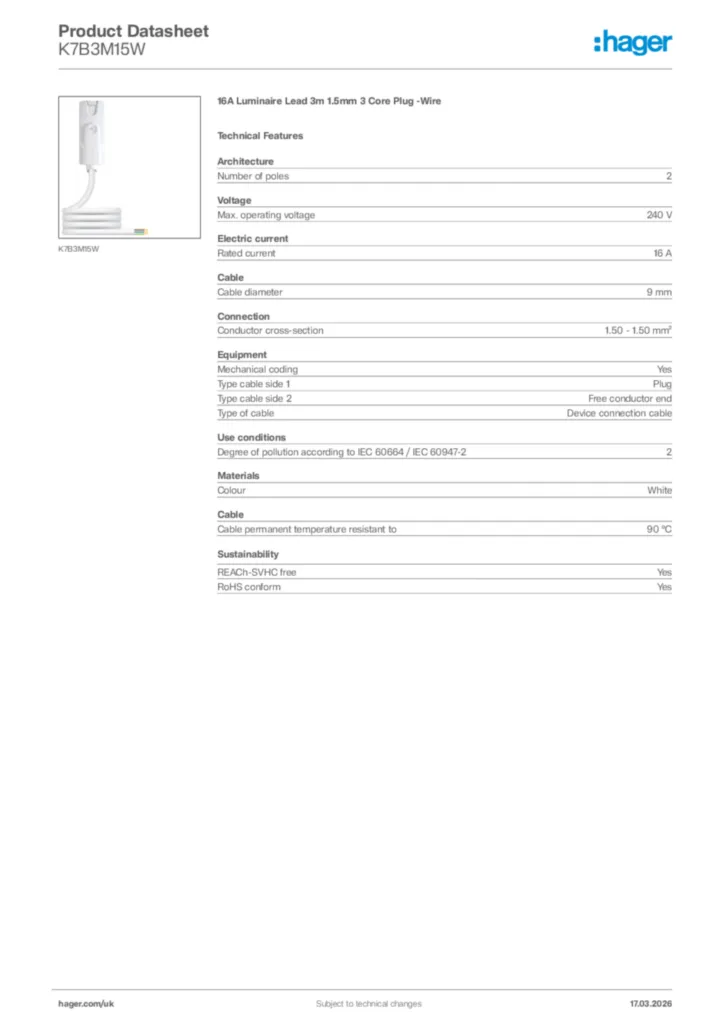 Image Hager Product data sheet K7B3M15W  | Hager