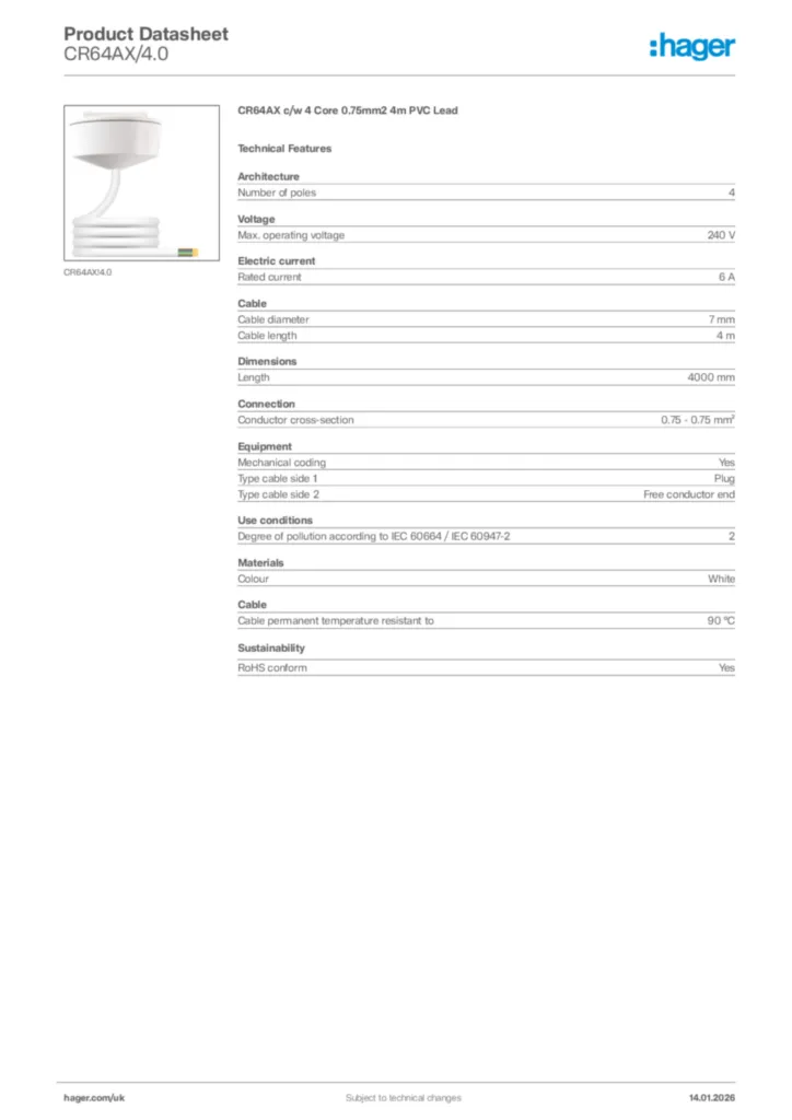 Image Hager Product data sheet CR64AX/4.0  | Hager