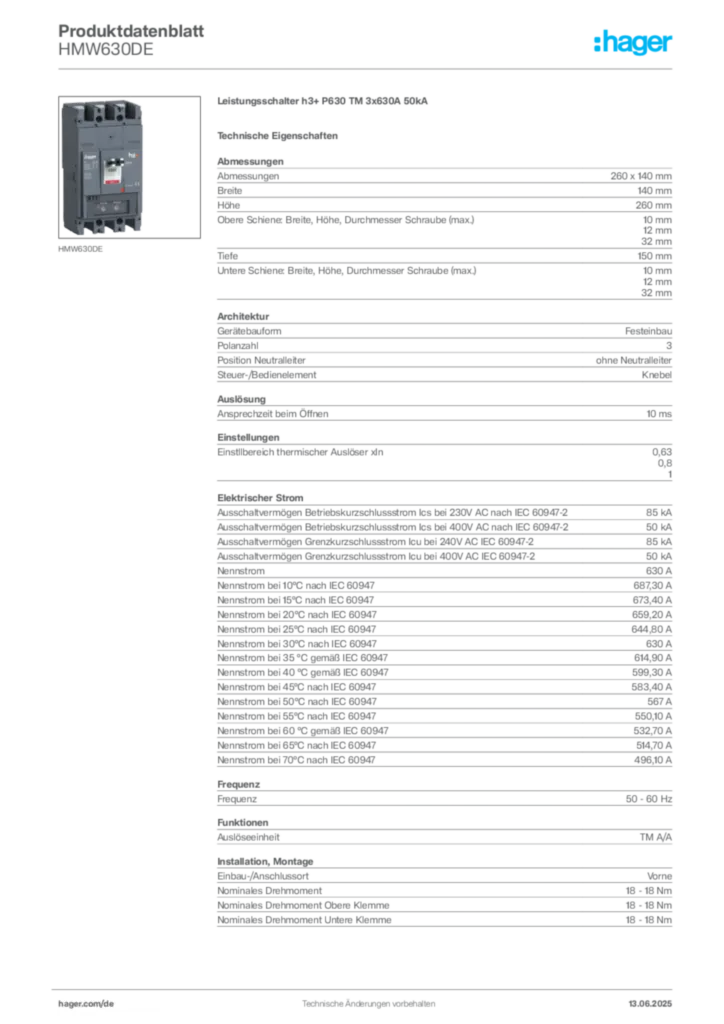 Bild Hager Produktdatenblatt HMW630DE | Hager Deutschland