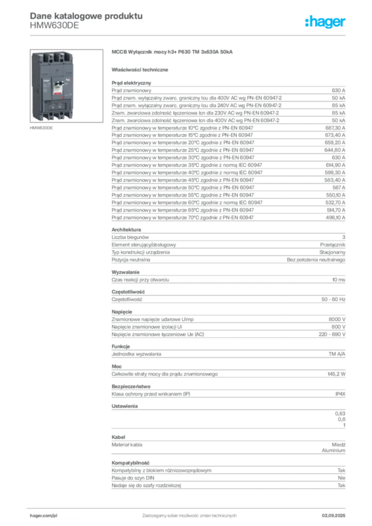 Zdjęcie Hager Dane katalogowe produktu HMW630DE | Hager Polska