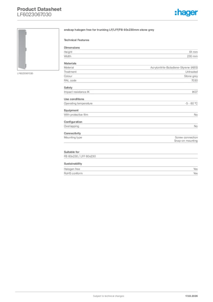 Image Hager Product data sheet LF6023067030  | Hager Africa