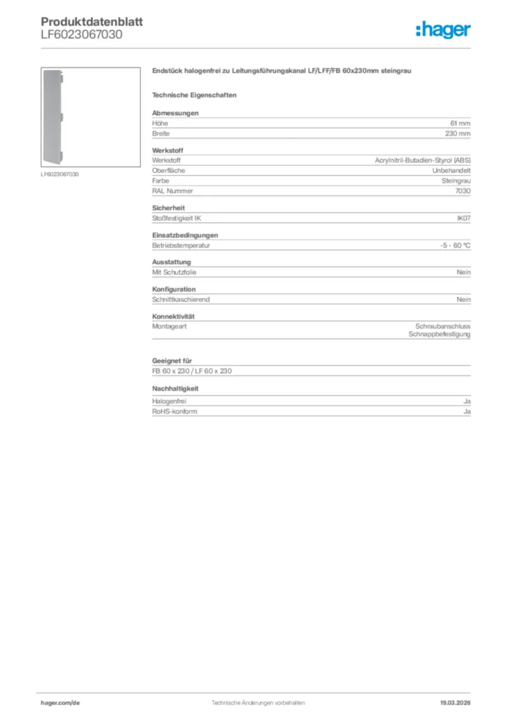 Bild Hager Produktdatenblatt LF6023067030 | Hager Deutschland