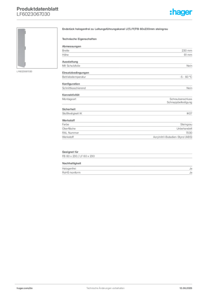 Bild Hager Produktdatenblatt LF6023067030 | Hager Deutschland