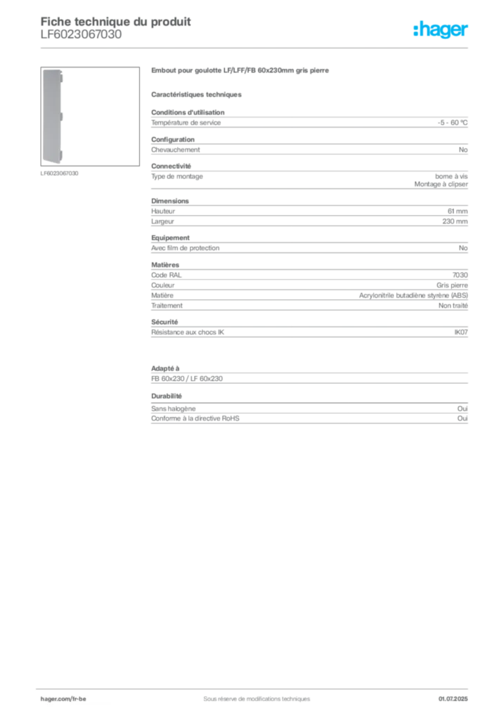 Image Hager Fiche technique du produit LF6023067030 | Hager Belgique