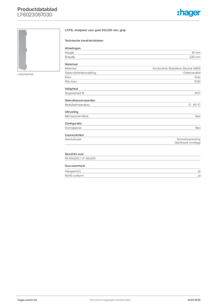 Afbeelding Hager Productdatablad LF6023067030 | Hager Belgium