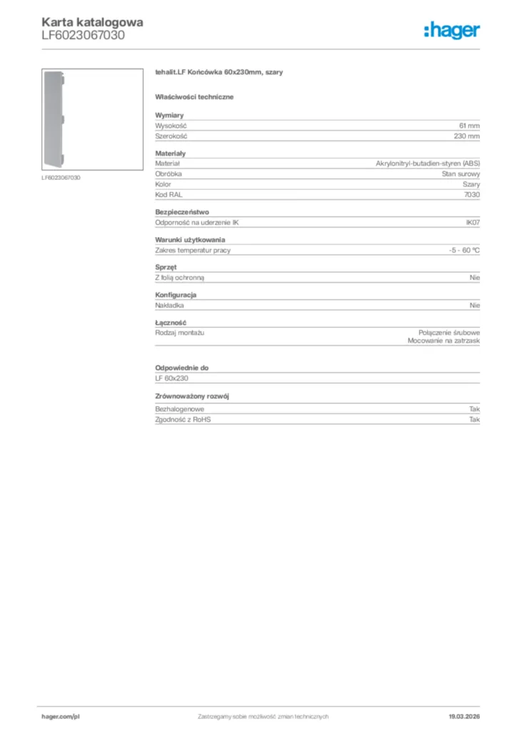 Zdjęcie Hager Karta katalogowa LF6023067030 | Hager Polska