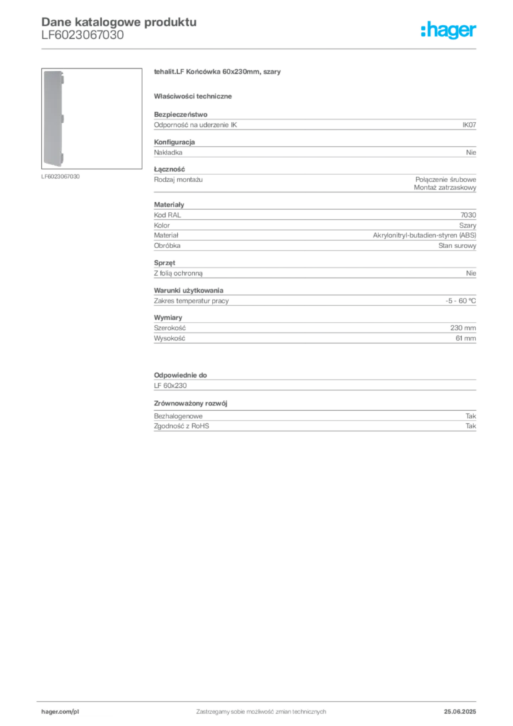 Zdjęcie Hager Dane katalogowe produktu LF6023067030 | Hager Polska