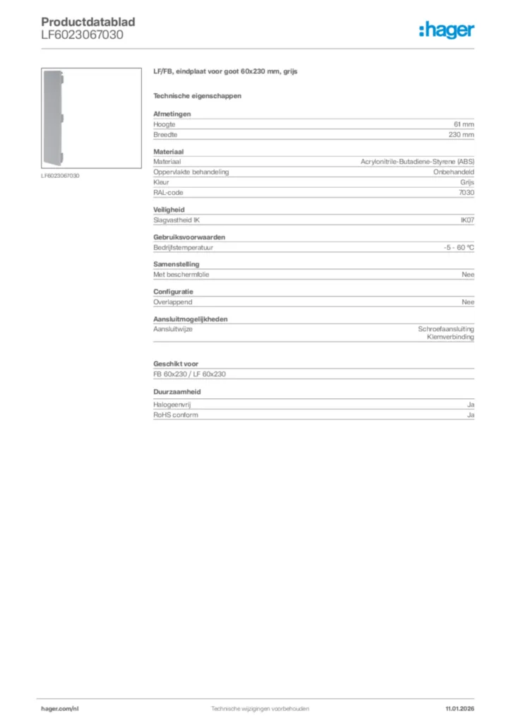 Afbeelding Hager Productdatablad LF6023067030 | Hager Nederland