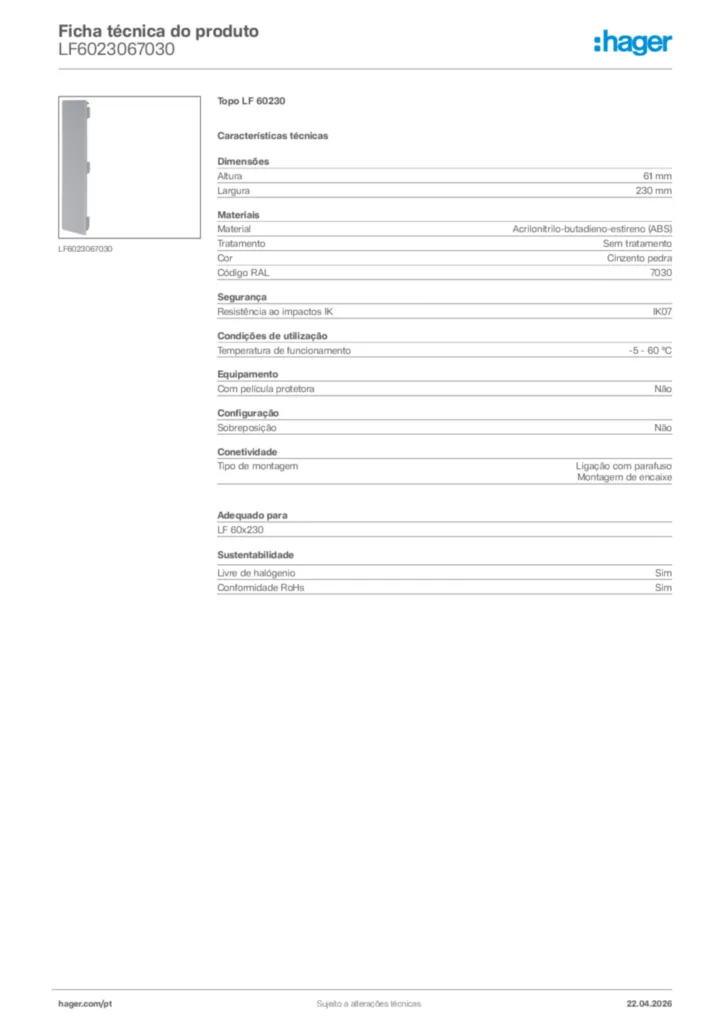 Imagem Hager Ficha técnica do produto LF6023067030 | Hager Portugal