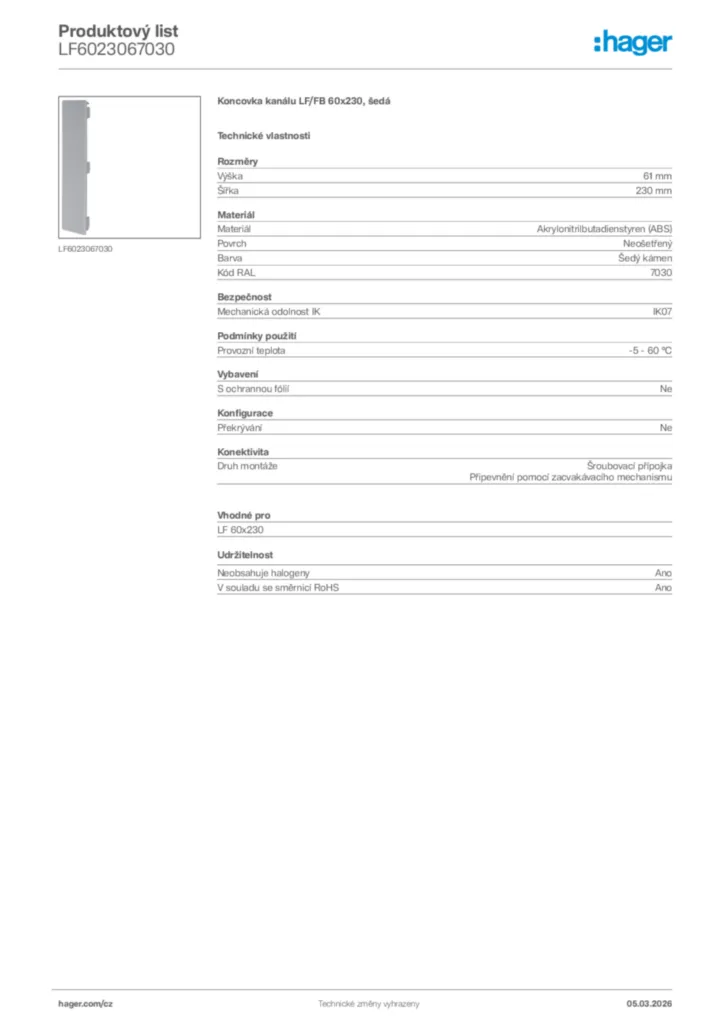 Obrázek Hager Product data sheet LF6023067030 | Hager