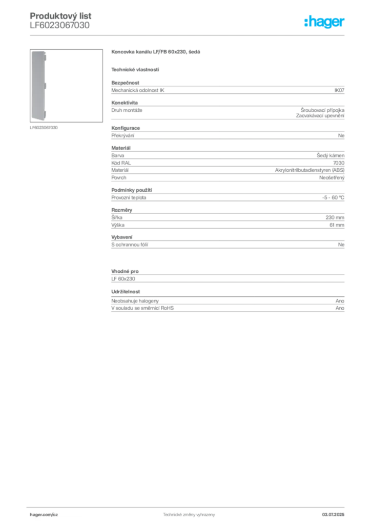 Obrázek Hager Produktový list LF6023067030 | Hager
