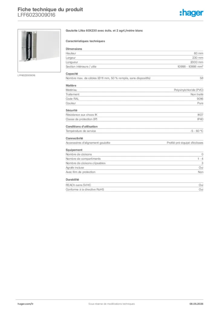 Image Hager Fiche technique du produit LFF6023009016 | Hager France
