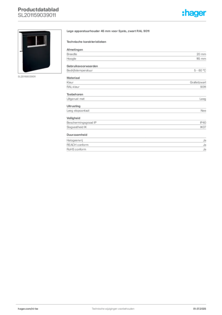 Afbeelding Hager Productdatablad SL201159039011 | Hager Belgium