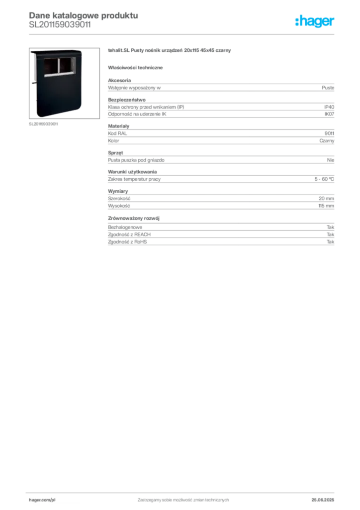 Zdjęcie Hager Dane katalogowe produktu SL201159039011 | Hager Polska