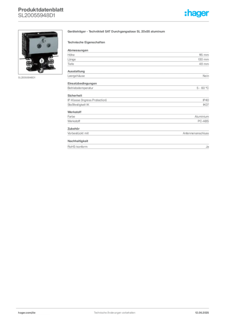 Bild Hager Produktdatenblatt SL20055948D1 | Hager Deutschland