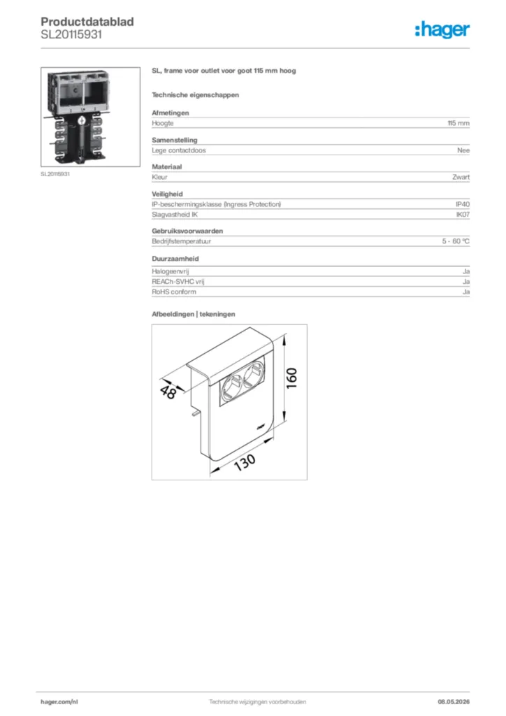 Afbeelding Hager Productdatablad SL20115931 | Hager Nederland