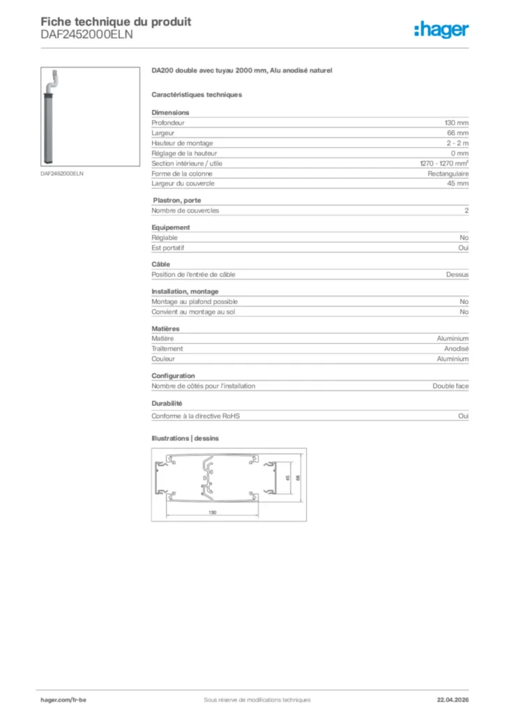 Image Hager Fiche technique du produit DAF2452000ELN | Hager Belgique