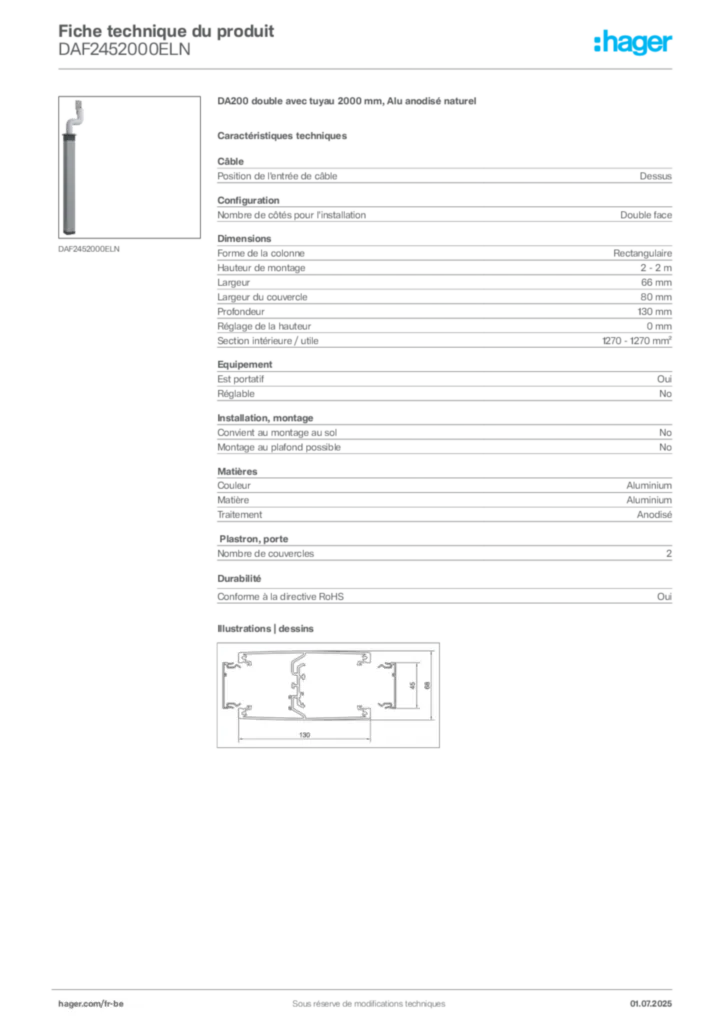 Image Hager Fiche technique du produit DAF2452000ELN | Hager Belgique