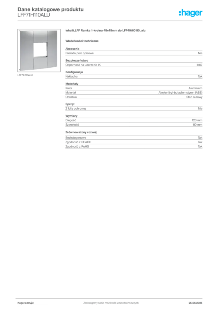 Zdjęcie Hager Dane katalogowe produktu LFF71H110ALU | Hager Polska