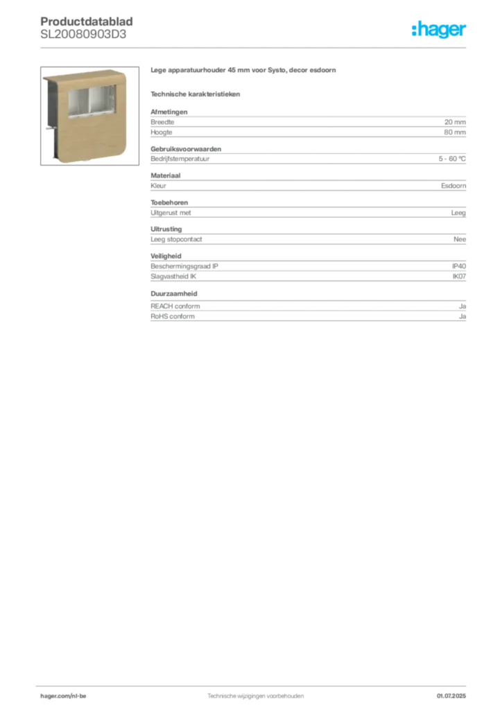 Afbeelding Hager Productdatablad SL20080903D3 | Hager Belgium