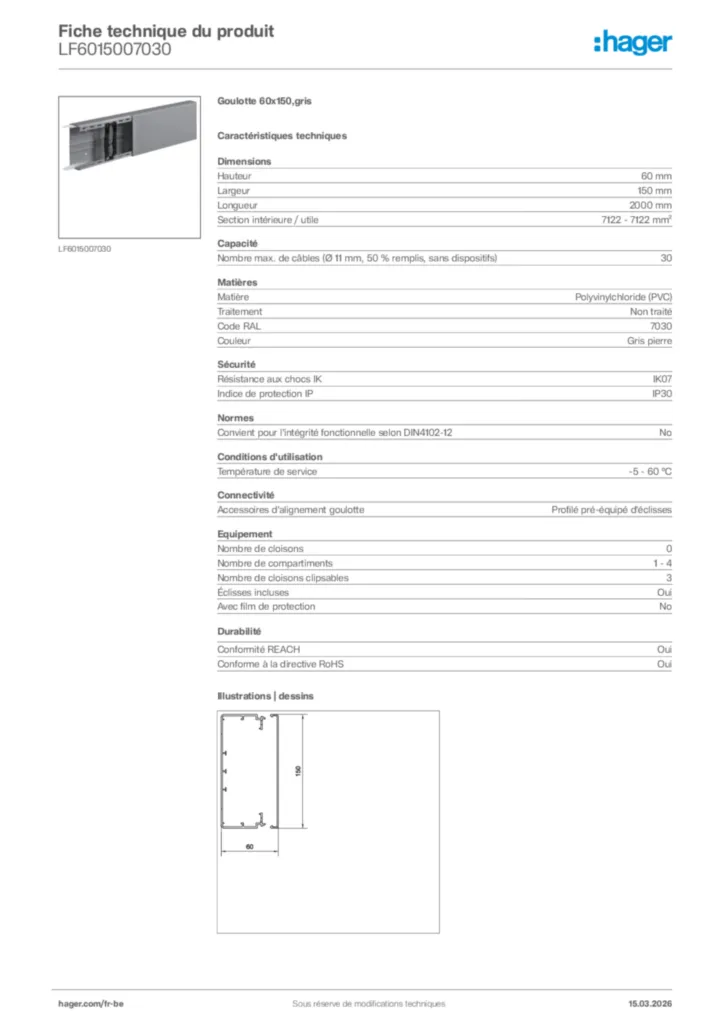 Image Hager Fiche technique du produit LF6015007030 | Hager Belgique