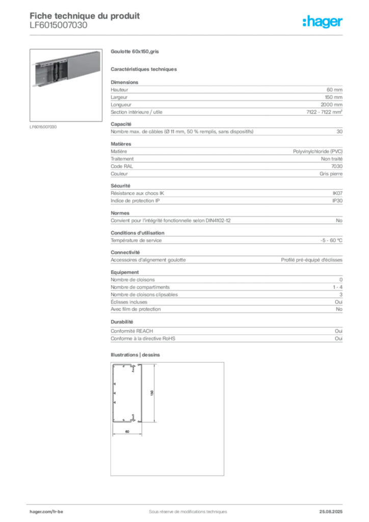 Image Hager Fiche technique du produit LF6015007030 | Hager Belgique
