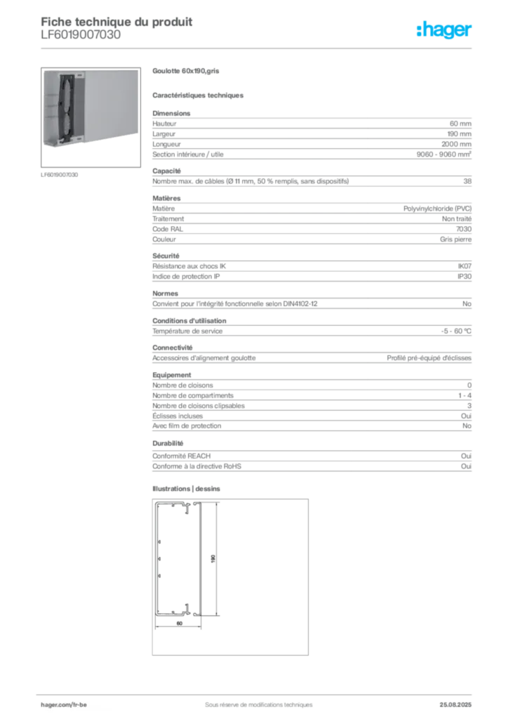 Image Hager Fiche technique du produit LF6019007030 | Hager Belgique