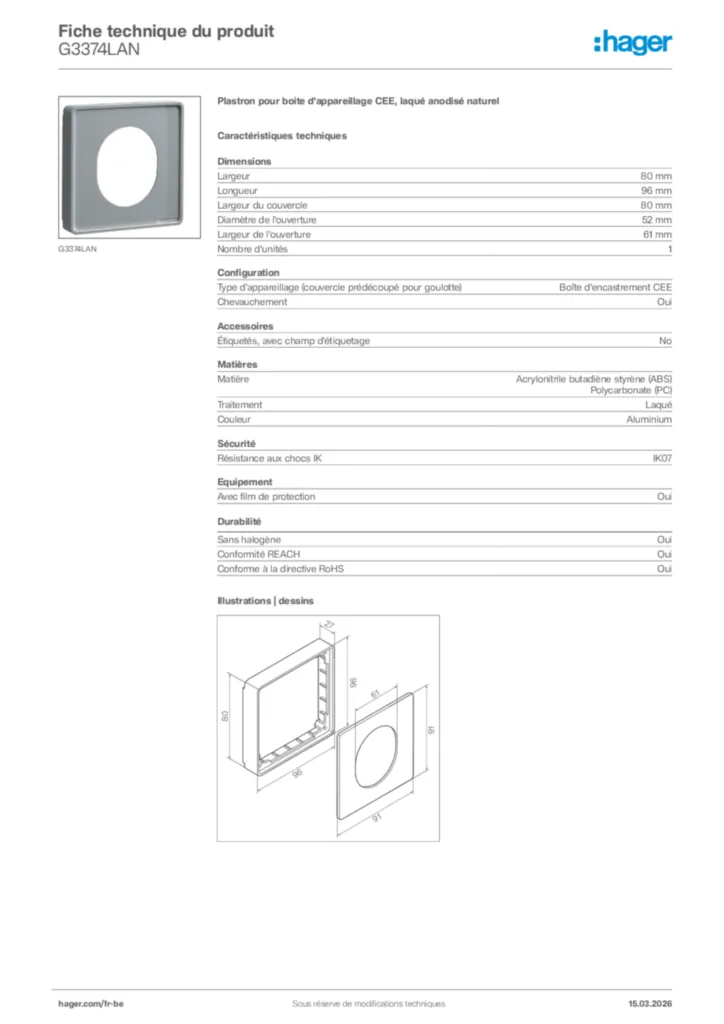 Image Hager Fiche technique du produit G3374LAN | Hager Belgique