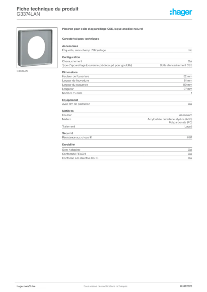Image Hager Fiche technique du produit G3374LAN | Hager Belgique