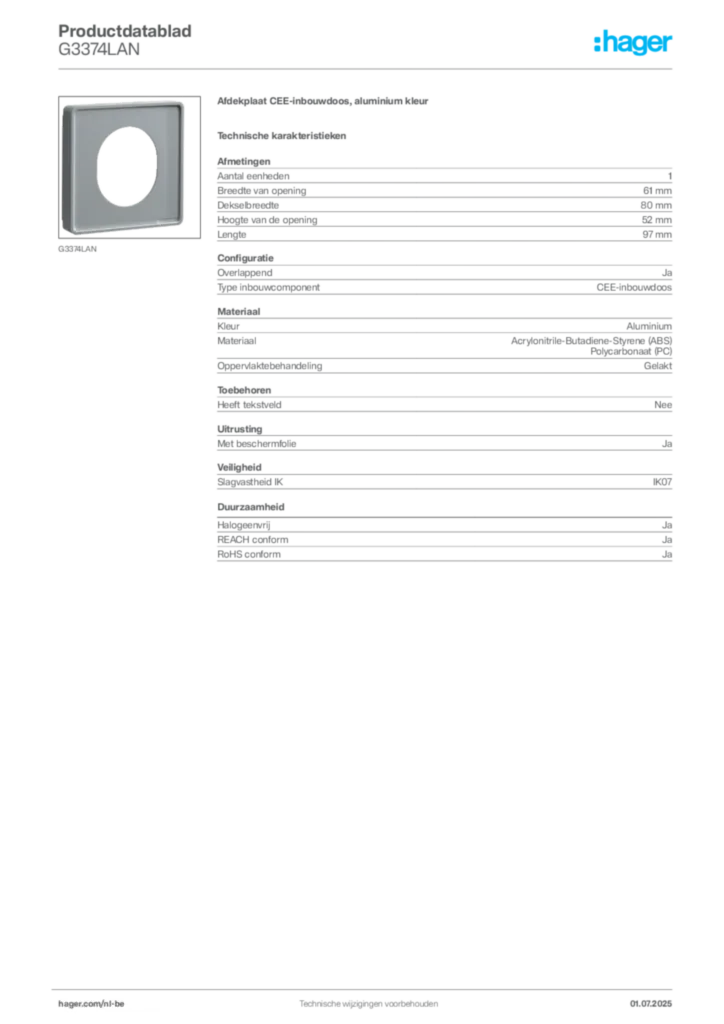 Afbeelding Hager Productdatablad G3374LAN | Hager Belgium