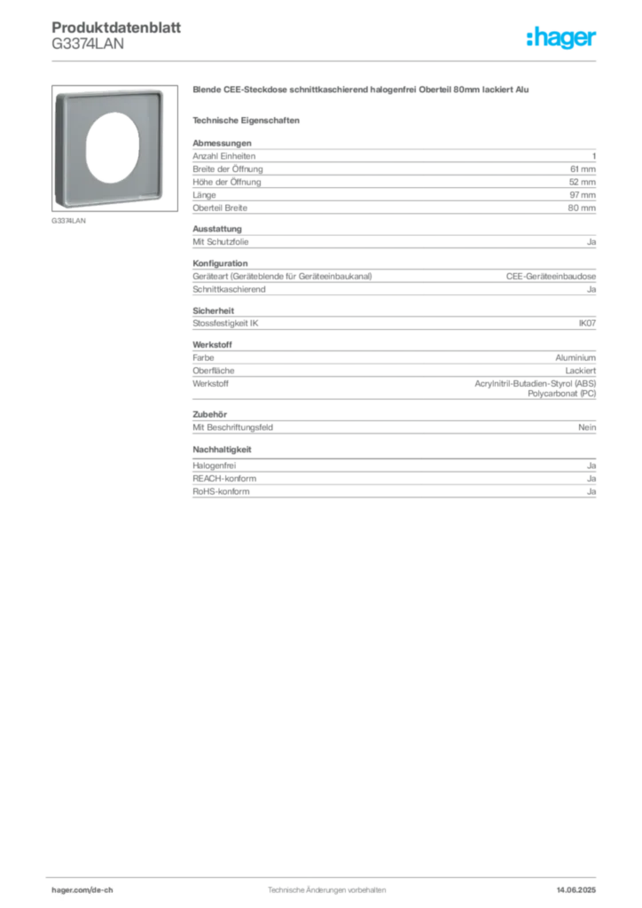 Bild Hager Produktdatenblatt G3374LAN | Hager Schweiz