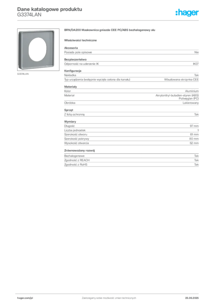 Zdjęcie Hager Dane katalogowe produktu G3374LAN | Hager Polska