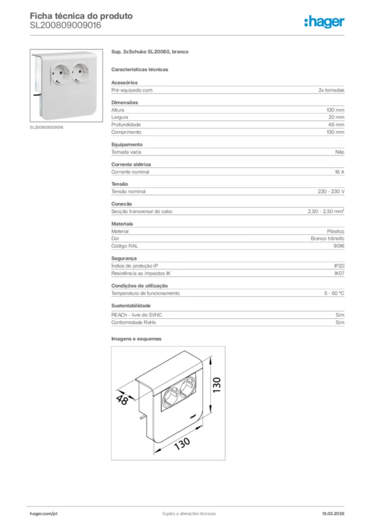 Imagem Hager Ficha técnica do produto SL200809009016 | Hager Portugal