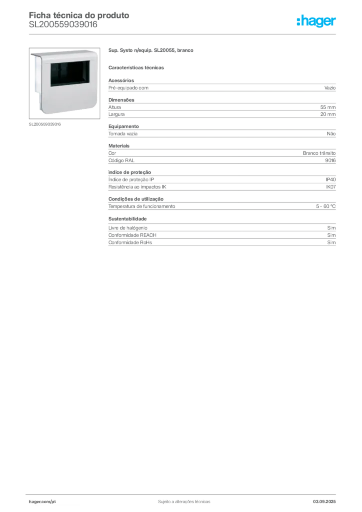 Imagem Hager Ficha técnica do produto SL200559039016 | Hager Portugal