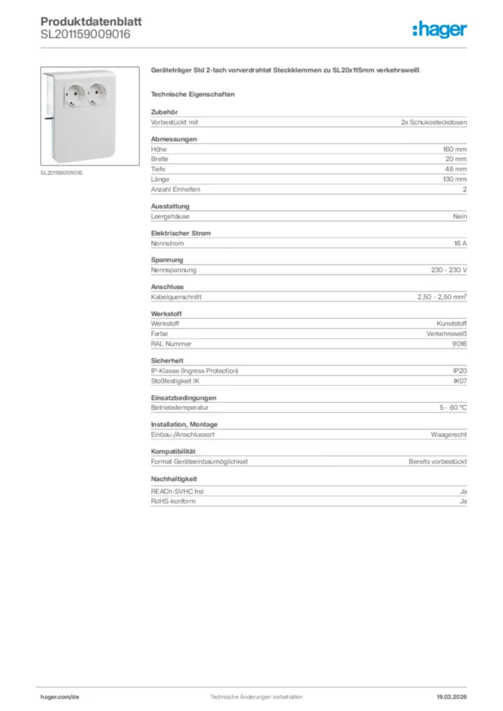 Bild Hager Produktdatenblatt SL201159009016 | Hager Deutschland
