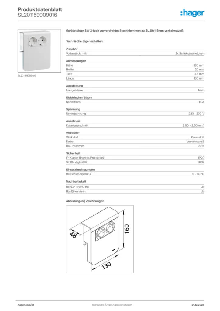 Bild Hager Produktdatenblatt SL201159009016 | Hager Deutschland