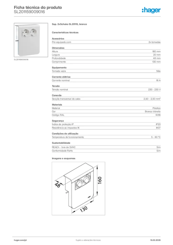 Imagem Hager Ficha técnica do produto SL201159009016 | Hager Portugal