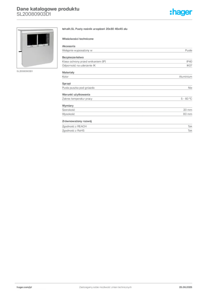 Zdjęcie Hager Dane katalogowe produktu SL20080903D1 | Hager Polska
