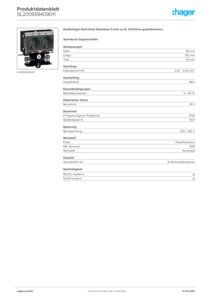 Bild Hager Produktdatenblatt SL200559409011 | Hager Deutschland