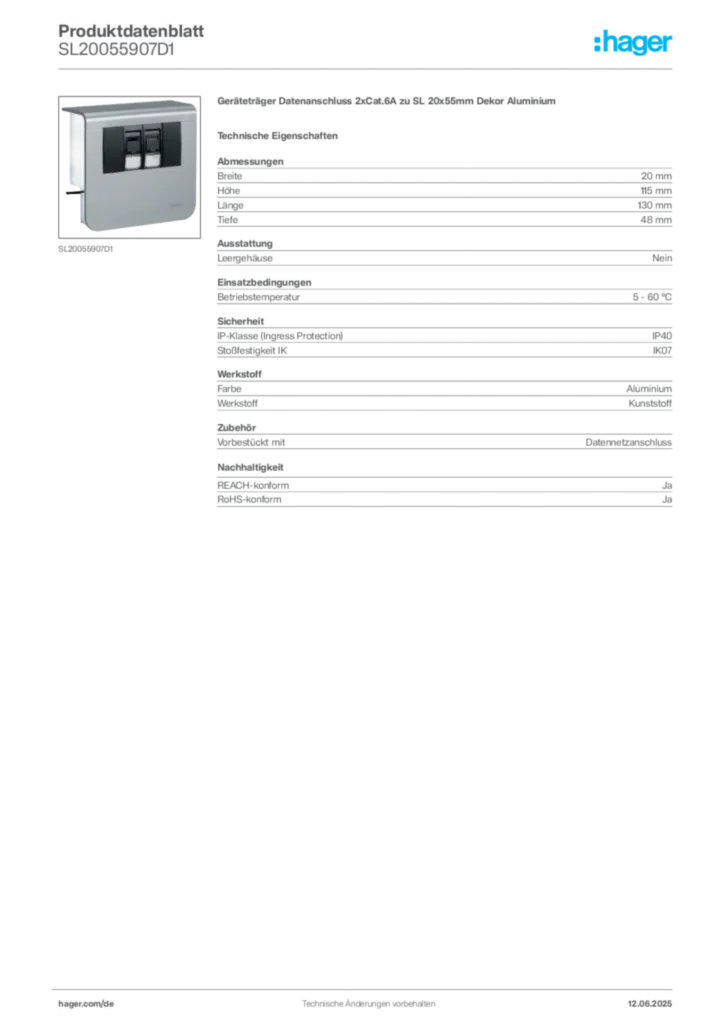 Bild Hager Produktdatenblatt SL20055907D1 | Hager Deutschland