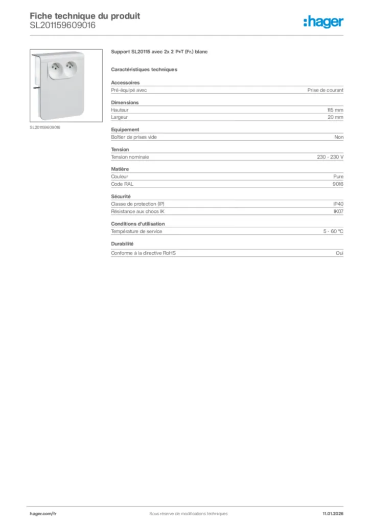 Image Hager Fiche technique du produit SL201159609016 | Hager France