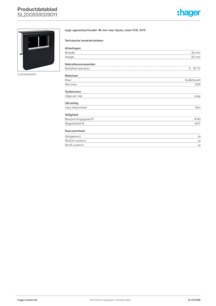 Afbeelding Hager Productdatablad SL200559039011 | Hager Belgium