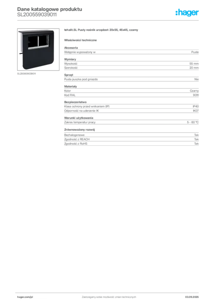 Zdjęcie Hager Dane katalogowe produktu SL200559039011 | Hager Polska