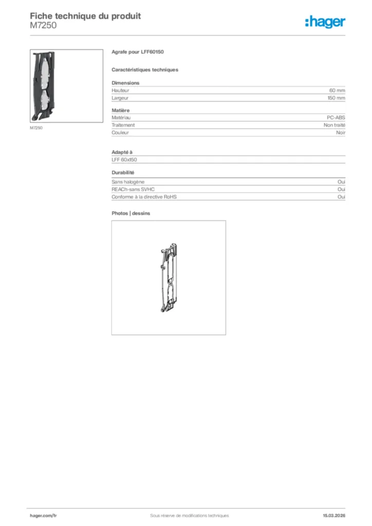 Image Hager Fiche technique du produit M7250 | Hager France