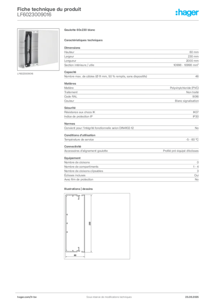 Image Hager Fiche technique du produit LF6023009016 | Hager Belgique