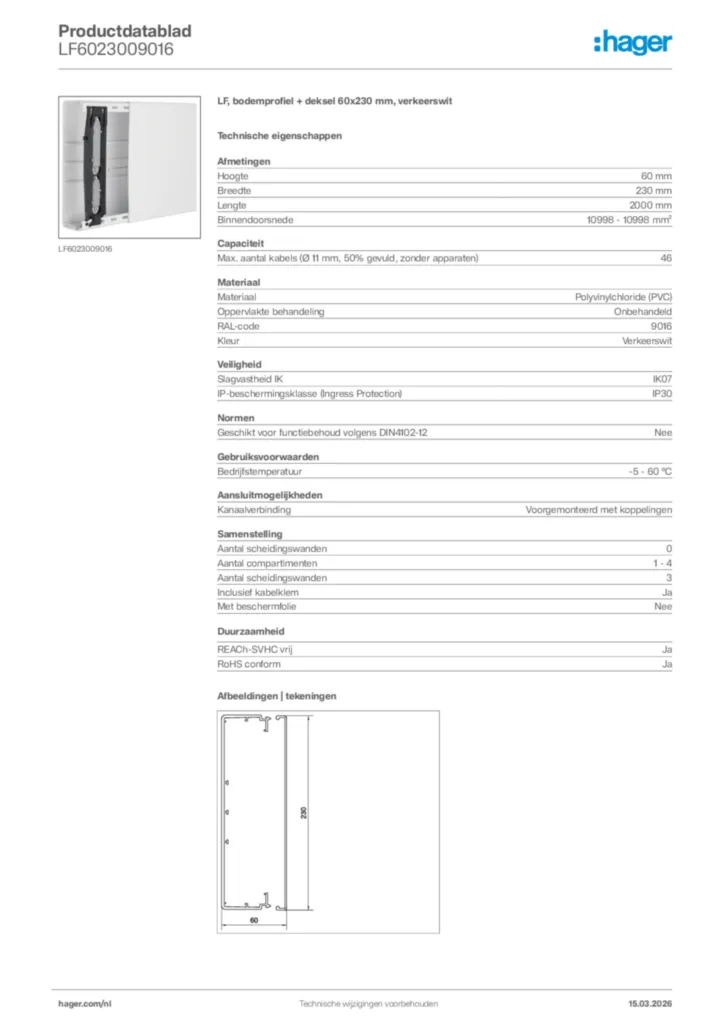 Afbeelding Hager Productdatablad LF6023009016 | Hager Nederland