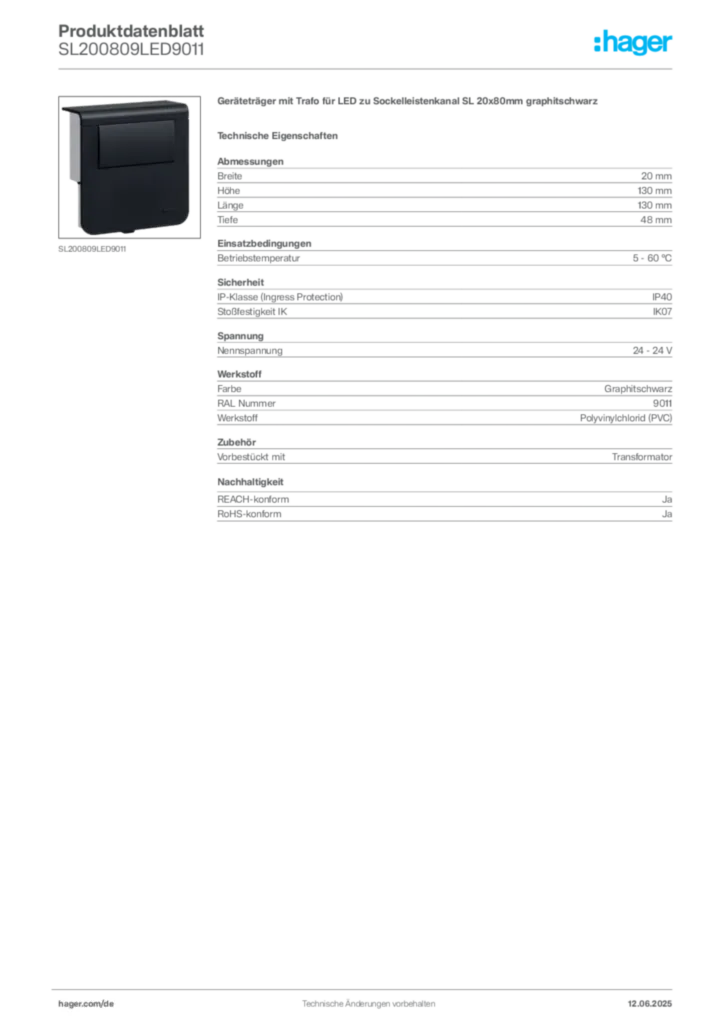 Hager Produktdatenblatt SL200809LED9011
